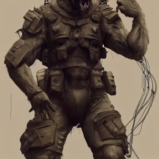 Image similar to a wounded humanoid german shepherd beast - man in military style, his hands are covered with wires, sitting on the bed, highly detailed portrait, digital painting, artstation, concept art, smooth, sharp foccus ilustration, artstation