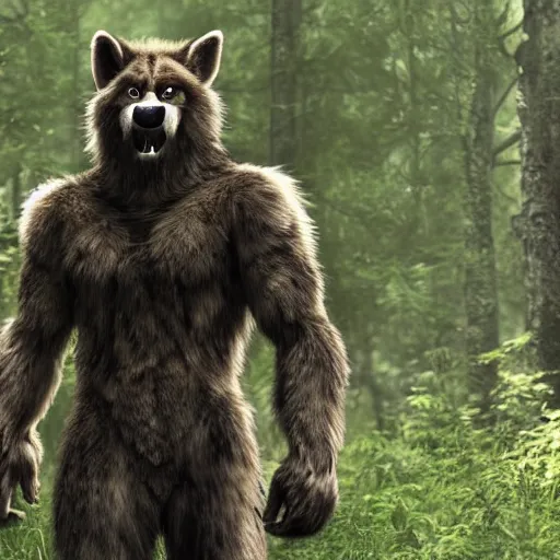 Image similar to furry anthro epic film still cinematic full body realistic werewolf from the movie Van Helsing forest in background