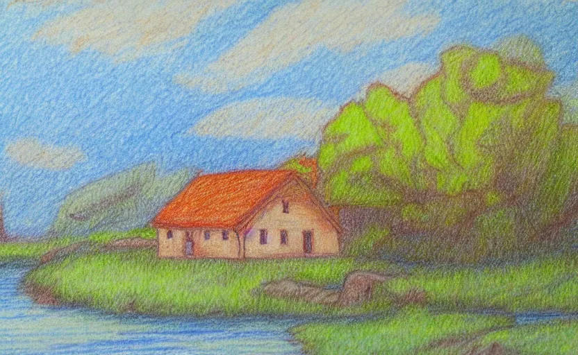 Prompt: a color pencil sketch of a serene landscape with a singular building near a river, bridge, cute, natural lighting, high quality, highly detailed, drawing, realistic, godrays, complementary colors, beautiful, concept art