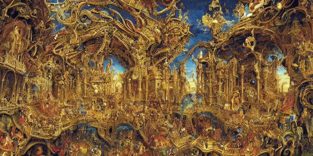Prompt: beautiful!!!!! ornate heavenly!!!!!!!! gold rococo megastructure in the style of heironymus bosch, colorful intricate masterpiece, hyper detailed, hd
