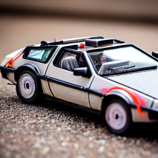 Prompt: macro photo of a miniature ho scale delorean figure, taken with canon 8 0 d, canon 1 0 0 mm f / 2. 8