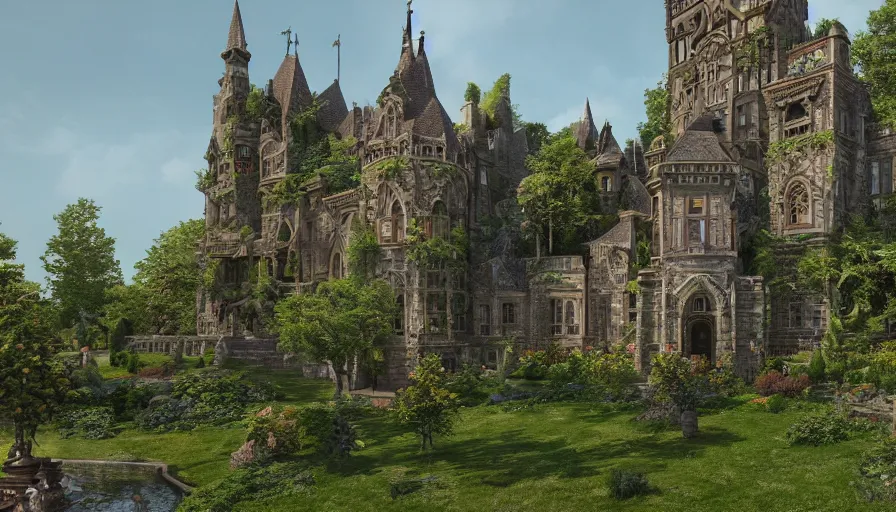 Image similar to Neo-Gothic castle built in the heart of the green mountains with a flower garden surrounding the castle and a fountain in the yard, hyperdetailed, artstation, cgsociety, 8k