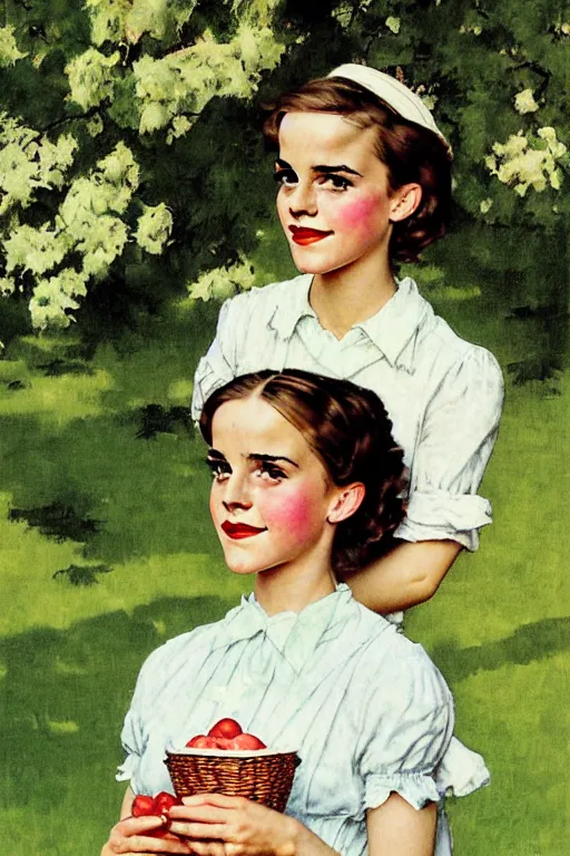 Prompt: photo photorealistic portrait photograph Emma Watson picnic in the green lawn 1950s portrait by Norman Rockwell