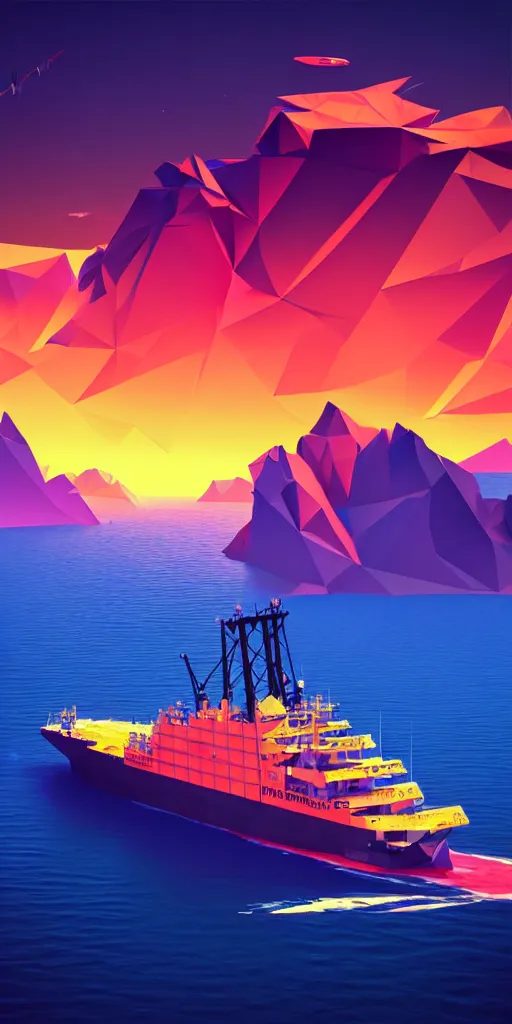 Image similar to super detailed color art, big graphic fishing ship on sunset view with polygonal mountains, unreal engine, high contrast color palette, 3 d render, lowpoly, colorful, digital art, perspective, full volume composition, syd mead