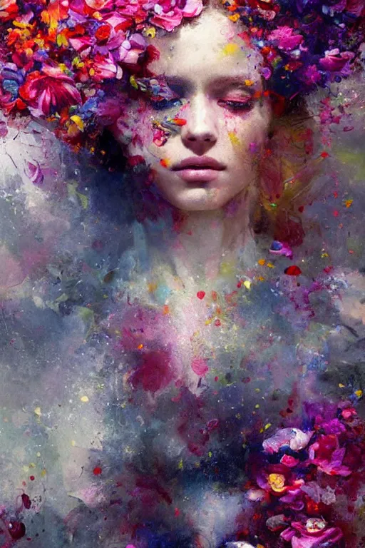 Prompt: a beautifull intricate painting of a disembodied soul surrounded by flowing flower petals, vivid colors, artstation, by jeremy mann