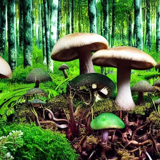 Image similar to Mushroom forest, lush, scenic