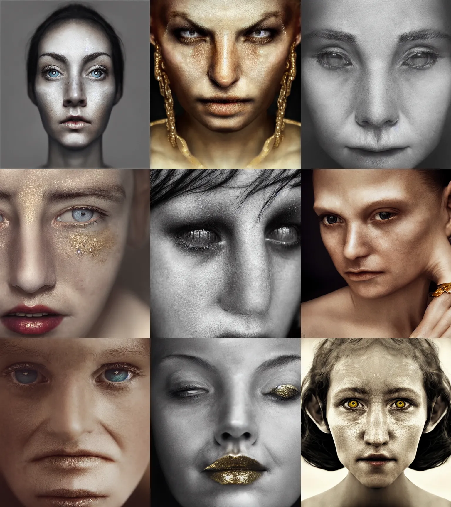 Prompt: a close - up product photo, elf girl with soft white skin, gold jewelry, hyperrealism, look at the details by lee jeffries