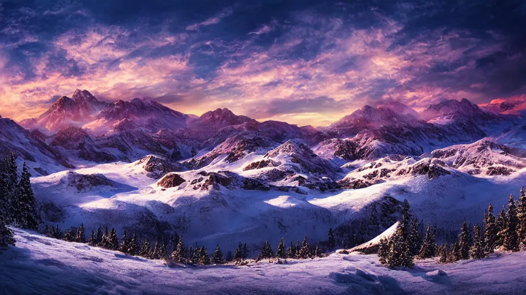 Prompt: Landscape, mountains, snow, ice, purple sunset, fantasy, digital art, HD, detailed.
