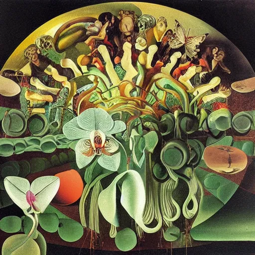 Prompt: infinite space on minestrone plants and orchids by cirico, salvador dali