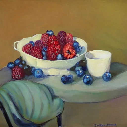 Image similar to a painting of a bowl of berries and a cup of tea, a still life by juliette wytsman, featured on deviantart, american impressionism, rich color palette, acrylic on canvas