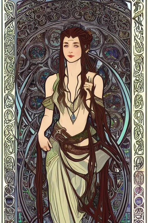 Prompt: A female Sindarin elf in the style of Alphonse Mucha