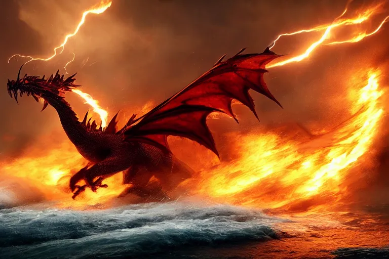 Image similar to fire dragon with lightnings and smoke is fighting against giant water monster with huge waves, dramatic fire lighting, CGsociety, full length, exquisite detail, post-processing, masterpiece, volumetric lighting, cinematic, hypermaximalistic, high details, cinematic, 8k resolution, beautiful detailed, insanely intricate details, sharp edges, smooth focus, low angle, tilted