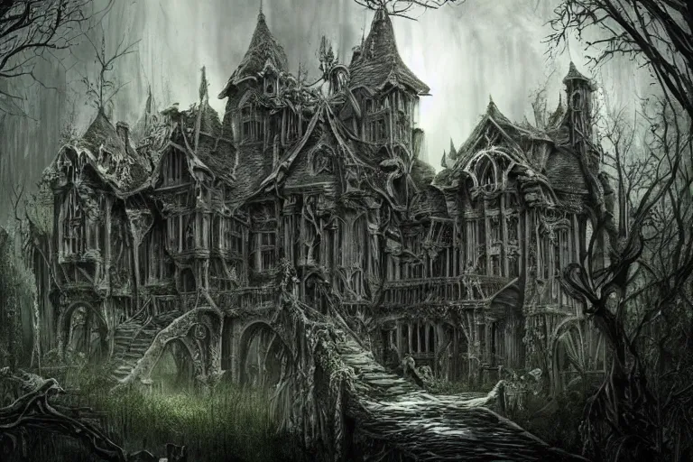 Image similar to haunted mansion next to a ravine and stream and forest, low fantasy, detailed, intricate, elegant, haunting, luxurious, ominous, matte painting, dark fantasy, grimdark