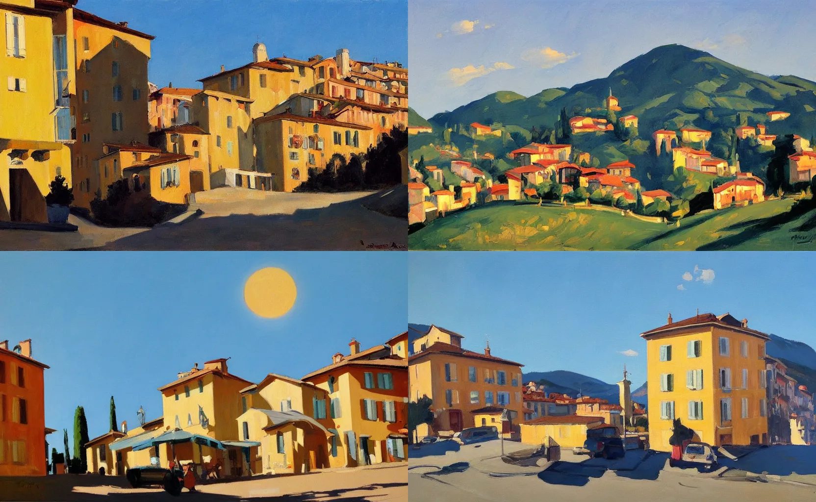 Prompt: The sun shines brilliantly over Napolo, France, painting by Ben Aronson and Edward Hopper