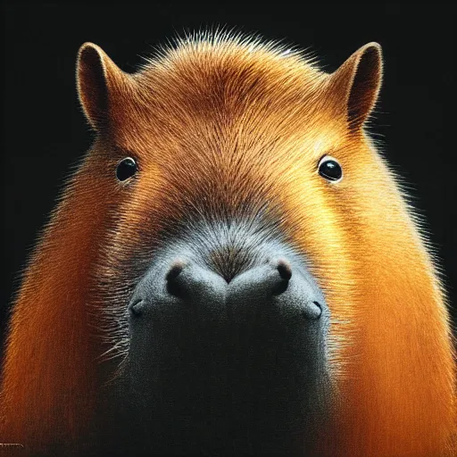 Image similar to a portrait of a capybara wearing a black hood, cloak covering face, anatomically correct, beautiful perfect face, enigmatic, oil painting, matte, black background, volumetric dynamic lighting, highly detailed, cinematic lighting, unreal engine, 8 k, hd, by beksinski