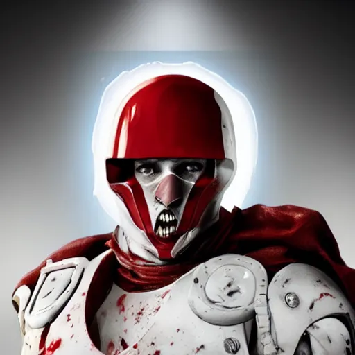 Image similar to a muscular soldier with vertical nose slits, angular eyebrows, wearing blood - spattered glossy sleek white dinged scuffed armor and a long torn red cape, heroic posture, battle - weary, strained expression, determined expression, no helmet, on the surface of mars, dramatic lighting, cinematic, sci - fi, hyperrealistic, detailed
