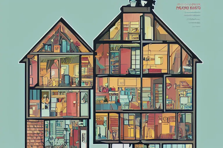 Image similar to a beautiful flat 2 dimensional illustration of a cross section of a house, view from the side, a storybook illustration by muti, colorful, minimalism, featured on dribble, unique architecture, behance hd, dynamic composition