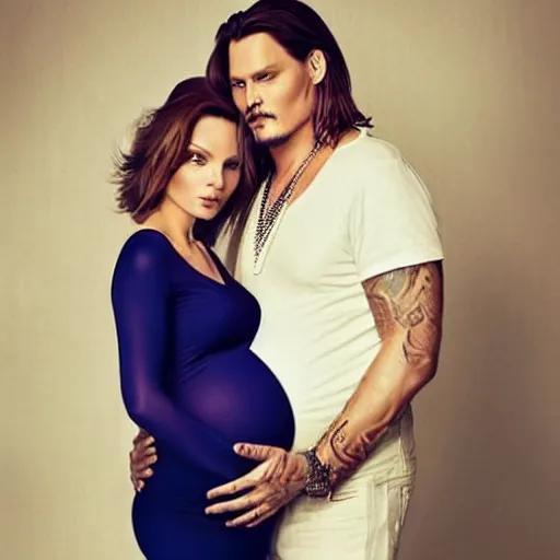 Image similar to stunning awe inspiring johnny depp pregnant maternity photo, movie still 8 k hdr atmospheric lighting