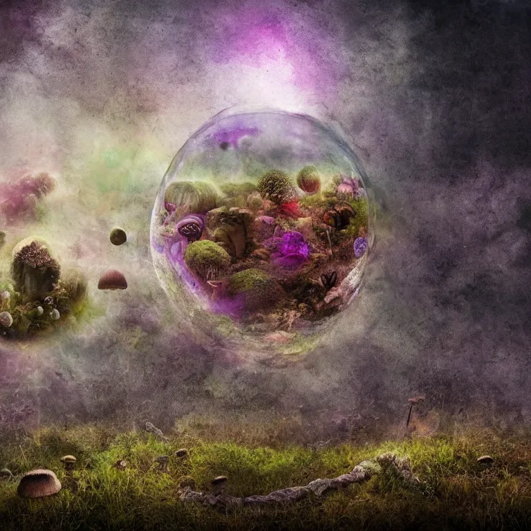 Image similar to a planet of various fungus, mushrooms and plants, inside the picture is infinity, Atmospheric phenomenon, artistic photography, muted colors, conceptual, long exposure outside the city, volumetric light