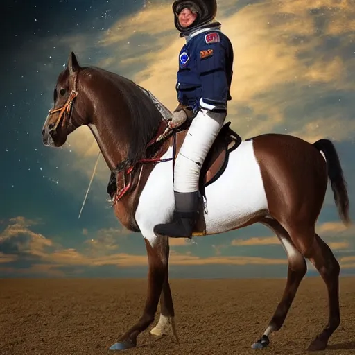 Image similar to a horse sat, saddled, on horseback, an astronaut and rides him into space