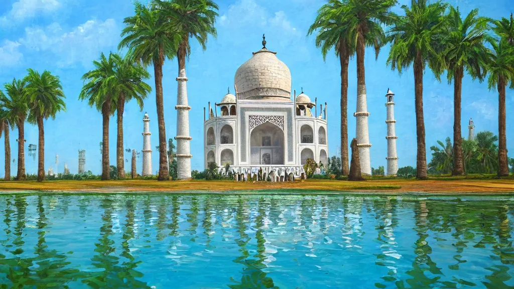 Prompt: an oil painting of the front of a new!! taj mahal, with a small pool in front, exterior view, close - up, mid - day, palm trees, and lush vegetation,!! hieroglyphs on the building, ray - traced reflections of the building and trees in the water