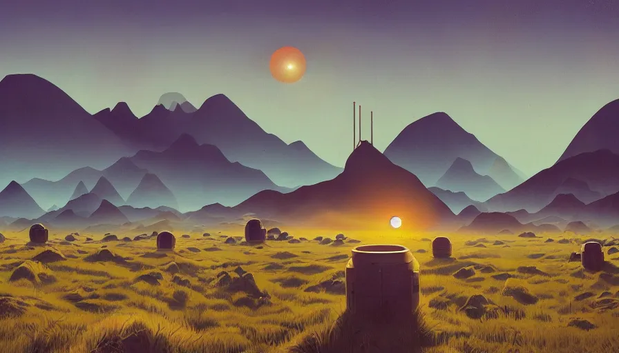 Prompt: space antennas, sun in the sky, early morning, open field, mountains in the background, hexagon blocking the sun, simon stalenhag, art deco painting