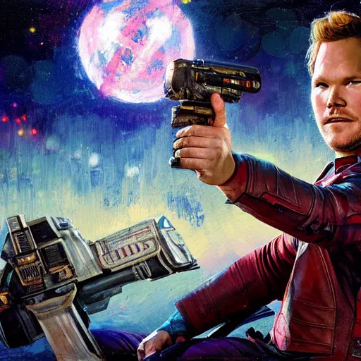 Prompt: the actor chris pratt as star lord sitting beside the doll chucky, disney land as backdrop, oil painting, by greg rutkowski