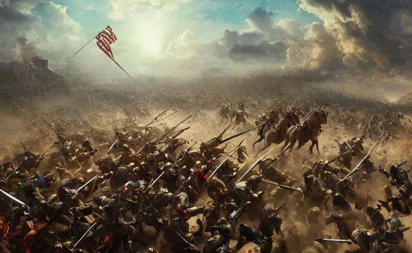 Prompt: dramatic cinematic artwork from above an army of warriors charging toward the enemy with the commander at the front with his sword raised by greg rutowski