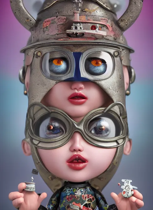 Image similar to closeup portrait of tin toy ninja girl trap, depth of field, zeiss lens, detailed, symmetrical, centered, fashion photoshoot, by nicoletta ceccoli, mark ryden, lostfish, breathtaking, 8 k resolution, extremely detailed, beautiful, establishing shot, artistic, hyperrealistic, octane render