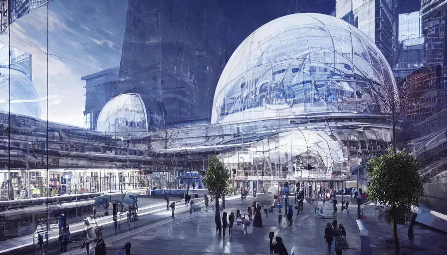 Prompt: outside view of futuristic liege, belgium and giant white glass and metallic dome train station with blue lights, volumetric light, crowded square, trains, trees, hyperdetailed, artstation, cgsociety, 8 k