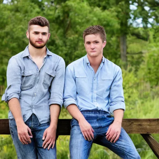 Prompt: two handsome young men, farm hands, sitting on a fence talking about the fact that they have romantic feelings for each other.