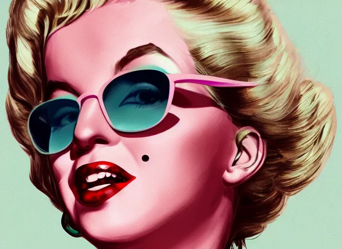 Prompt: Close frontal photographic portrait of Marylin Monroe with Pink sunglasses, in New York 1941, subdued Flat color background, with character, with personality, in the style of ash thorp, concept art, trending on ArtStation, detailed, intricate, elegant