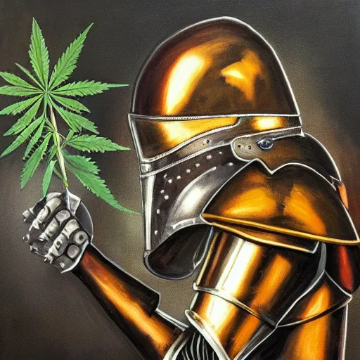 Image similar to a detaild oil painting of a full armored knight kissing a cannabis leaf