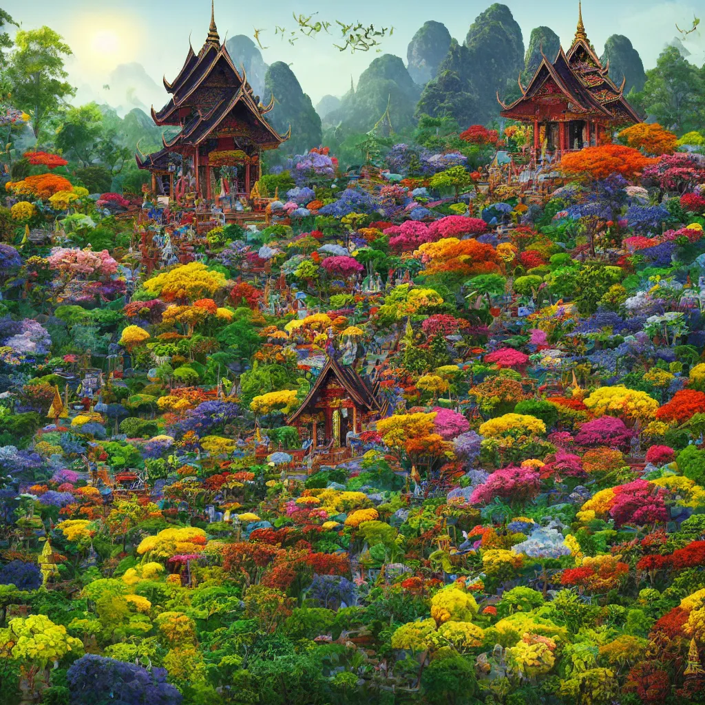 Prompt: summer morning, thai temple, rolling mountain, very coherent and colorful high contrast, art by gediminas pranckevicius, geof darrow, dark shadows, hard lighting, flowers garden