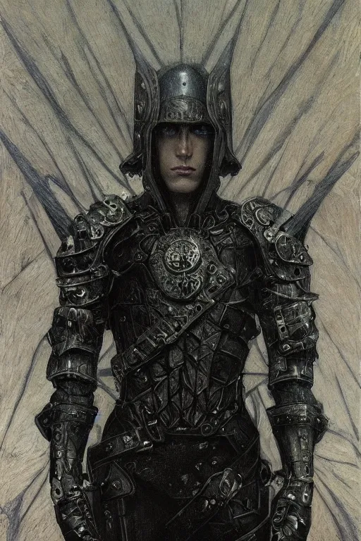 Image similar to portrait of beautiful gothic and futuristic young man, warcraft, cyber and rocks armor, a lot of more and more scars, thunderstorm, black with white head, the middle ages, highly detailed, artstation, illustration, more and more composision, 8 k quality, art by jean delville, rene magritte