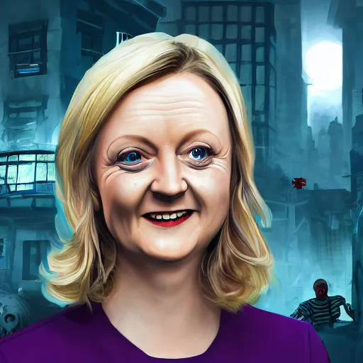 Image similar to painting of liz truss in racoon city full of zombies, hd, 4 k, 8 k artstation,