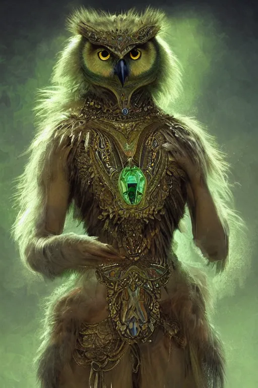 Image similar to a beautiful upper body shot from a fantasy film of a humanoid iridescent green owlbear wearing a loose tunic. an anthropomorphic owlbear. fantasy, frown, intricate, elegant, highly detailed, digital painting, artstation, concept art, matte, sharp focus, illustration, art by artgerm and greg rutkowski and alphonse mucha