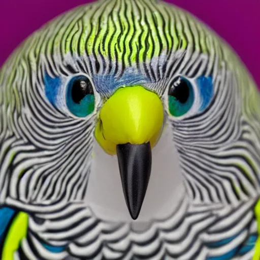 Image similar to art of a budgie maniacally grinning with a glint in its eye