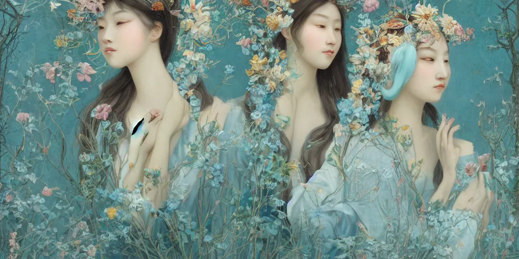 Prompt: breathtaking detailed concept art painting portrait of two goddess of light blue flowers by hsiao - ron cheng, carroty hair, orthodox saint, with anxious piercing eyes and amalgamation of leaves and flowers, vintage illustration pattern background with bizarre compositions and blend of flowers, fruits, birds by beto val and john james audubon, exquisite detail, extremely moody lighting, 8 k