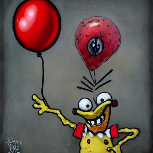 Image similar to grunge painting of spongebob with a wide smile and a red balloon by chris leib, loony toons style, pennywise style, corpse bride style, horror theme, detailed, elegant, intricate