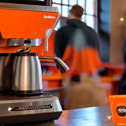 Image similar to two moose wearing orange hoodies making coffee in a coffee shop in new hampshire, realistic, 8 k