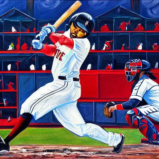 Image similar to a beautiful painting of mookie bets, hitting home run, fire from bat,