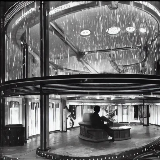 Image similar to a complex time machine designed by frank lloyd wright, sitting on a dias, lightning, rain, wild, people in lab coats, photo, highly realistic,