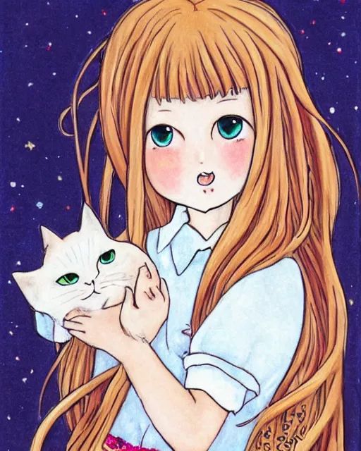 Image similar to a portrait of a young woman with very long pink hair undulating on the wind, light brown eyes, slightly chubby, pale skin, pretty, cute, holding a white cat. by naoko takeuchi