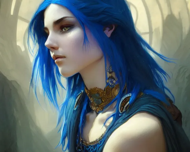 Image similar to dyed blue spikey hair, deep focus, d & d, fantasy, intricate, elegant, highly detailed, digital painting, artstation, concept art, matte, sharp focus, illustration, hearthstone, art by artgerm and greg rutkowski and alphonse mucha