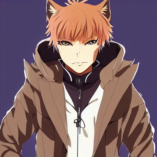 Image similar to key anime visual portrait of an anthropomorphic anthro wolf fursona, in a jacket, with handsome eyes, official modern anime art