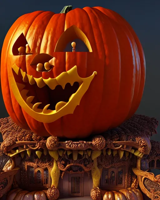 Image similar to detailed render giant pumpkin house art nouveau rococo architecture carved out of teeth, pumpkin smiling showing teeth rendered in cinema 4 d octane