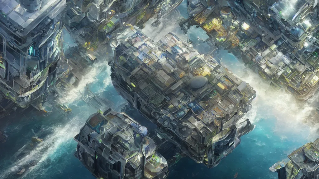 Prompt: a beautiful hyper realistic detailed matte painting of an futuristic solarpunk city builds on a glass plateforme above the sea, dynamic lighting, cinematic lighting, by artgerm, stephan martiniere and fenghua zhong, retrowaves, featured on artstation