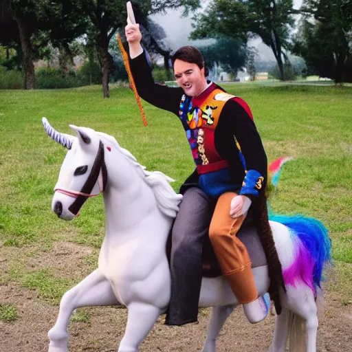 Image similar to wesley crusher riding a unicorn into battle