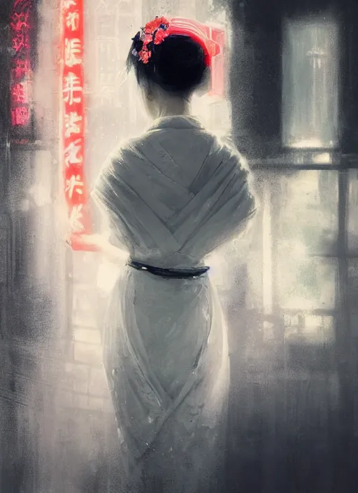 Image similar to female geisha girl, beautiful face, neon, rule of thirds, intricate outfit, spotlight, by greg rutkowski, by jeremy mann, digital painting